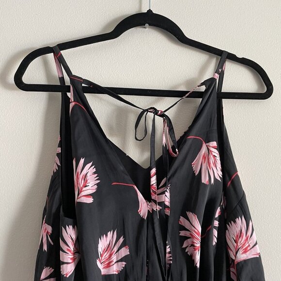 Express Womn L Black Floral Satin Tie Back Spaghetti Straps Faux Wrap Maxi Dress - Picture 10 of 10